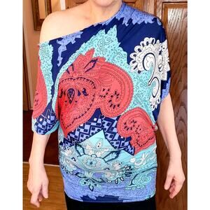 P Luca Milano Womens Long Top Sz L Asymmetric Off Shoulder Mob Wife 80s Vtg Glam